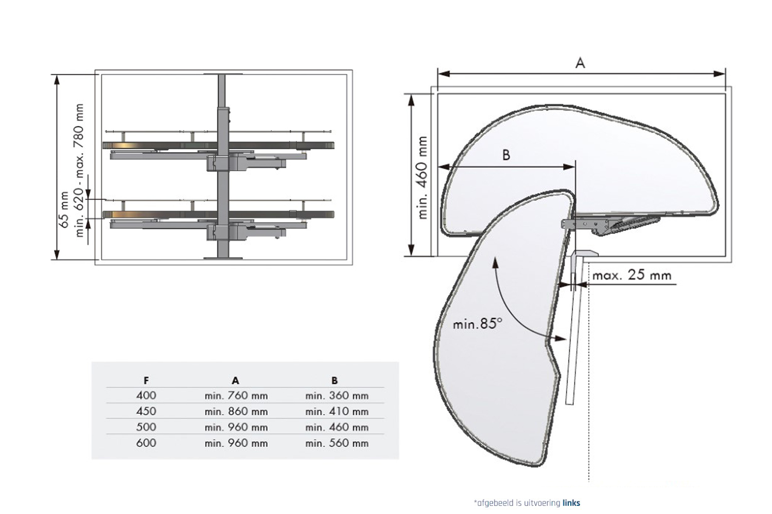 Zwenkplateau set - dolphin - 500mm - links - antraciet