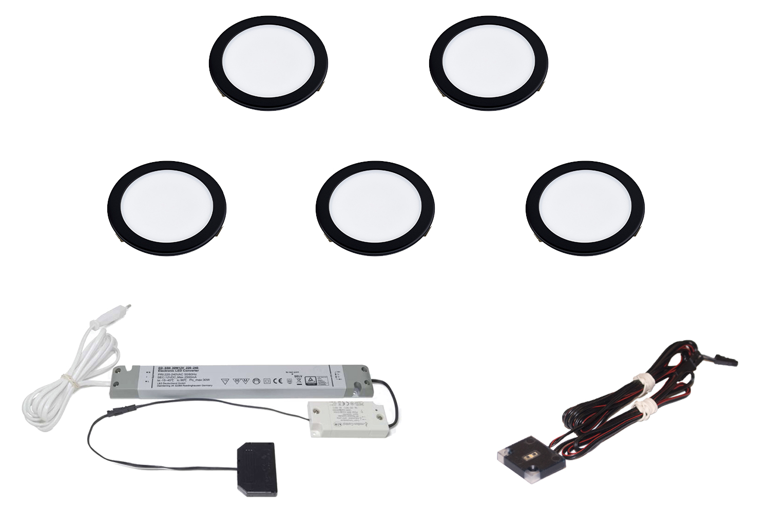 Led inbouw spot - moonlight emotion - set van 5 - 3000-6000k -  Ø58mm - mat zwart - 3,2w - 12v - incl. 30w trafo - touch opbouwdimmer