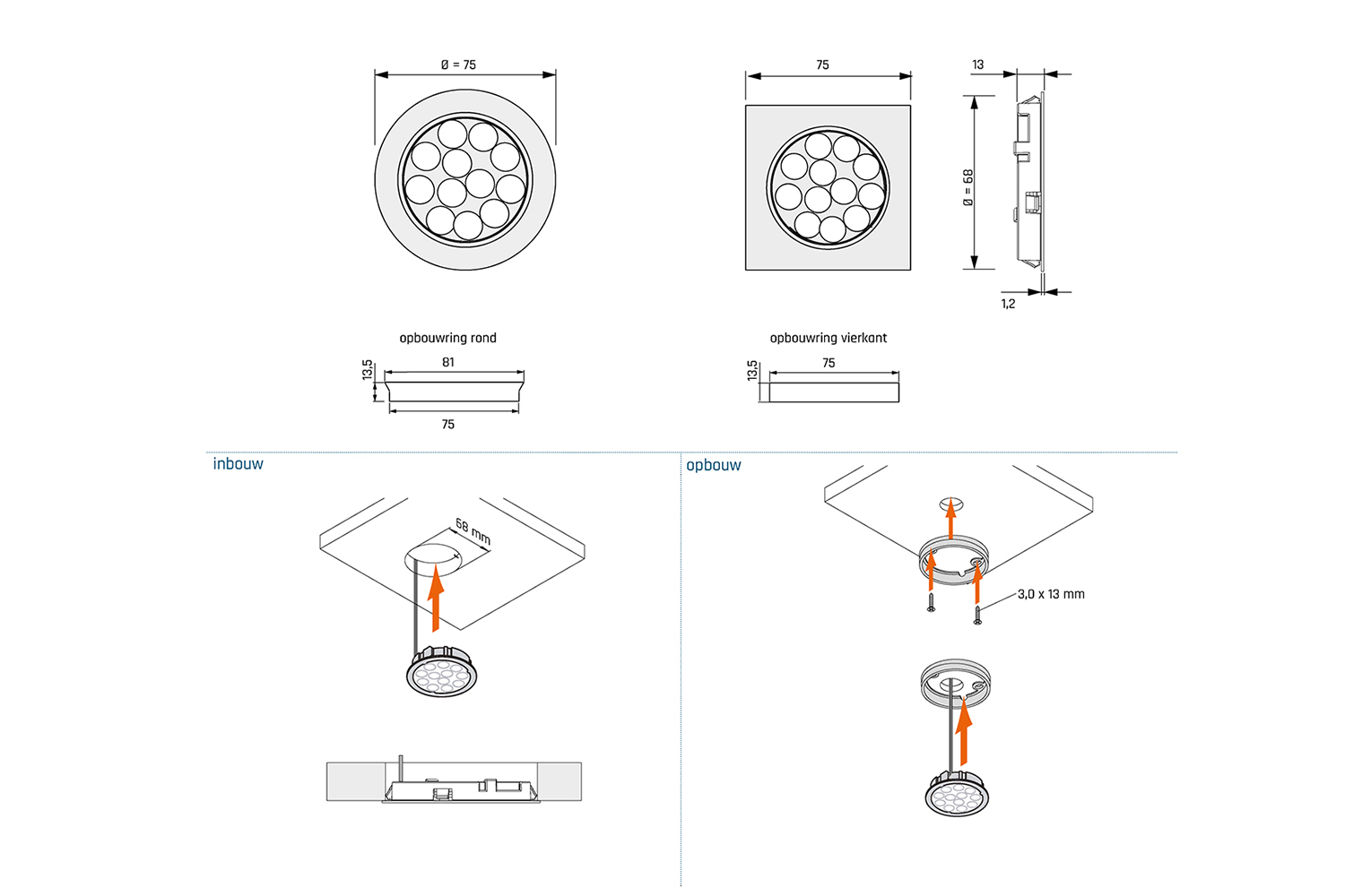 Led inbouw spot - nova plus - 2700-6500k - Ø68mm - vierkant - rvs-look - 2,8w - 12v