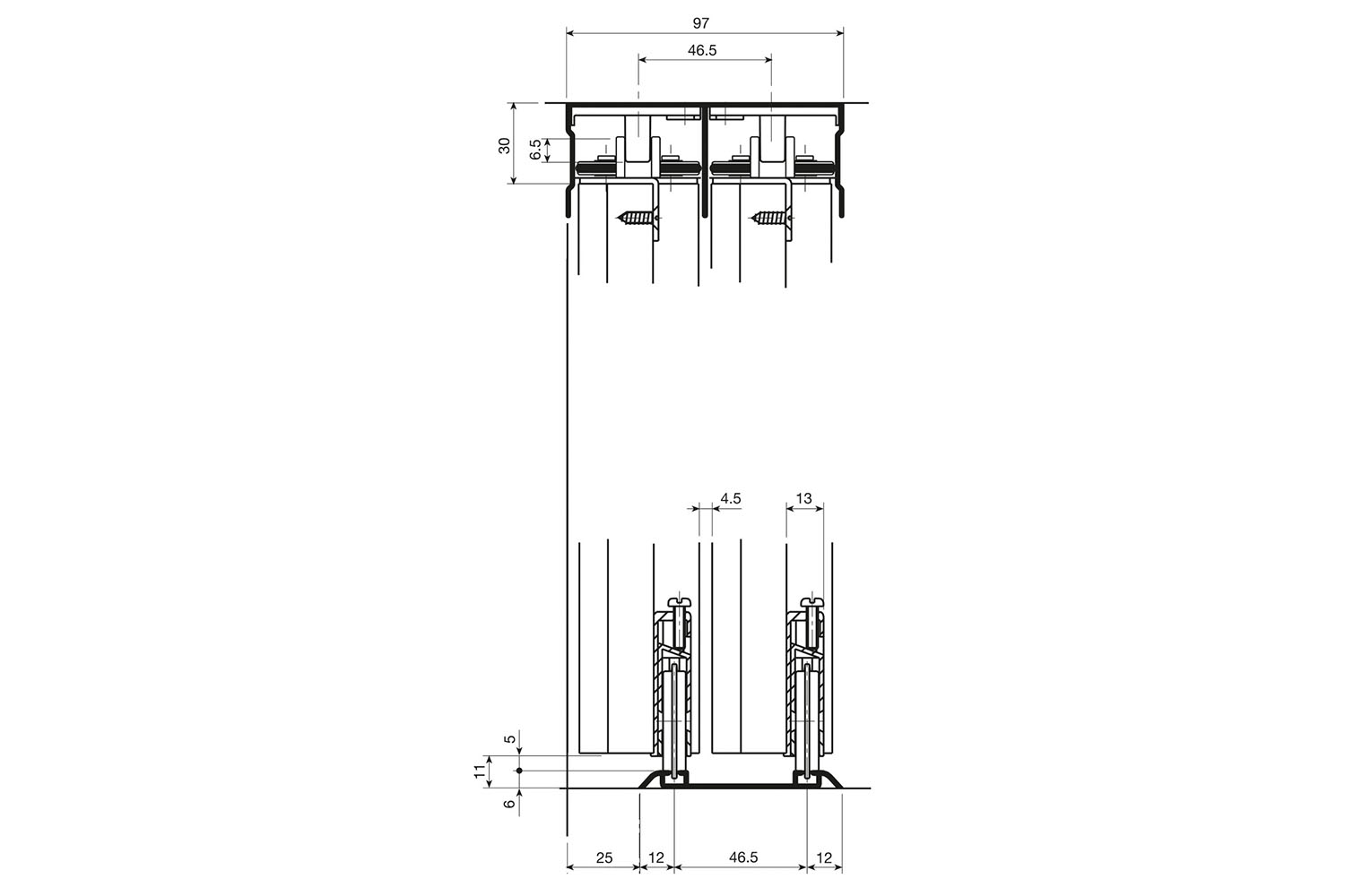 Onderrail - Junior 2S schuifdeursysteem - 2m - mat zilver