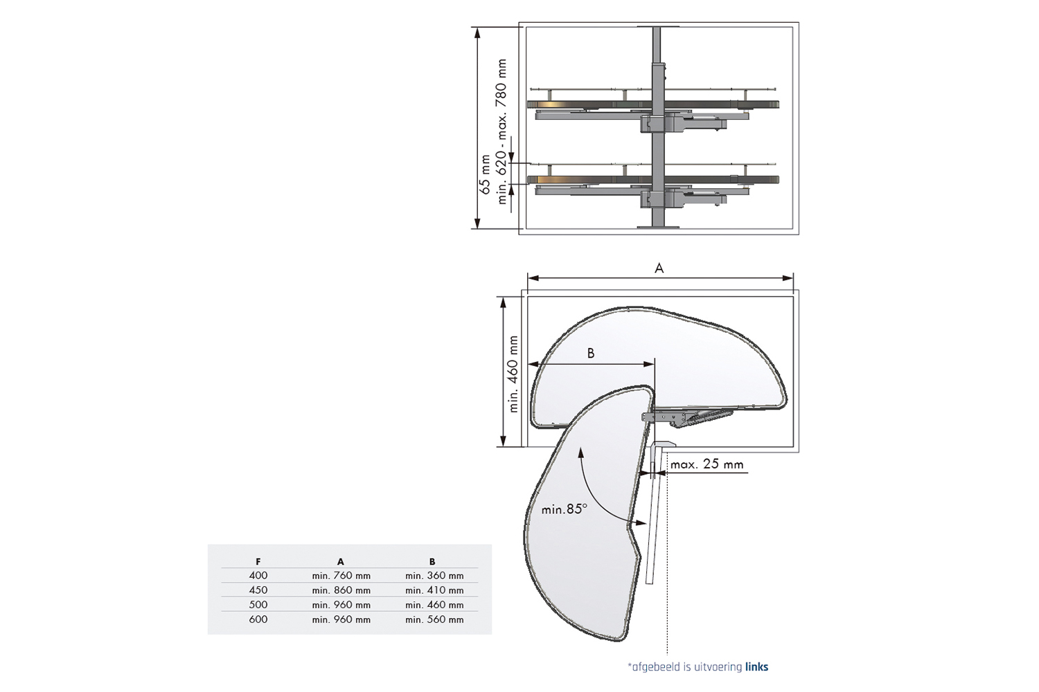 Zwenkplateau set - dolphin - 450mm - links - melamine/chroom