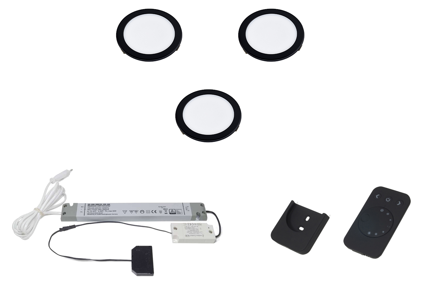 Led inbouw spot - moonlight emotion - set van 3 - 3000-6000k -  Ø68mm - mat zwart - 3,6w - 12v - incl. 30w trafo - afstandsbediening zwart