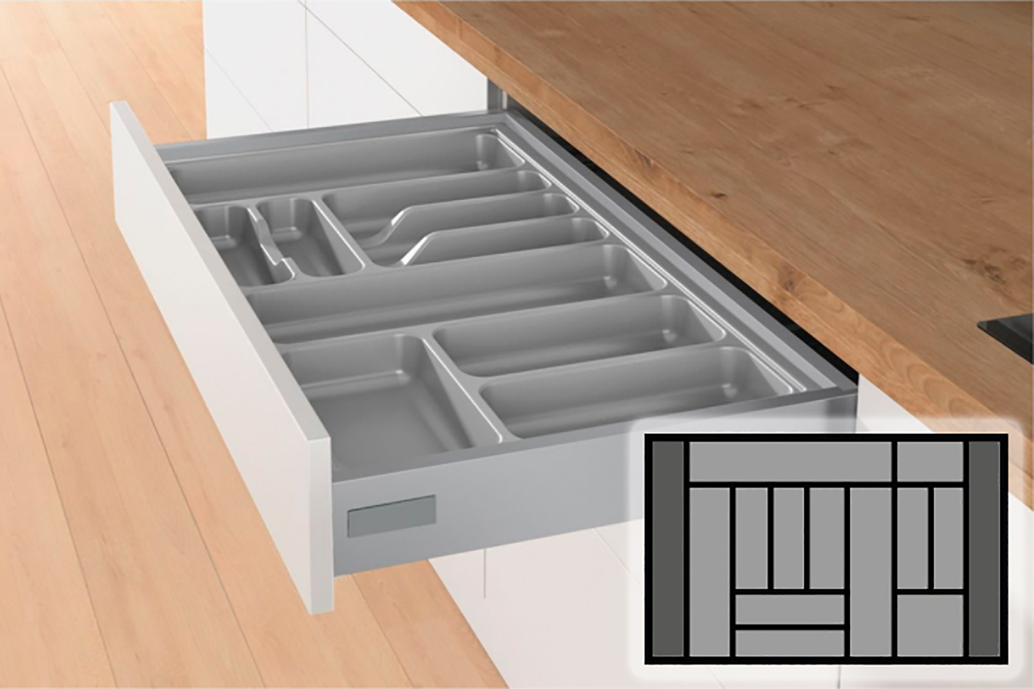 Zilvergrijze Hettich Orgatray bestekbak - 901-1000mm breed - 581-620mm diep