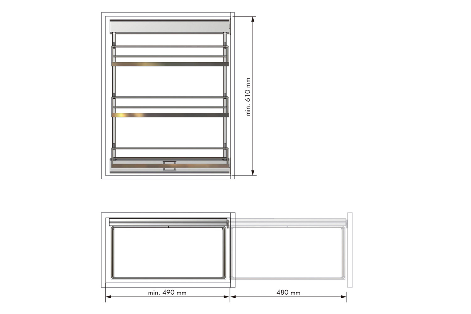 Uittrekframe met 3 manden met melamine bodem - links - 300mm