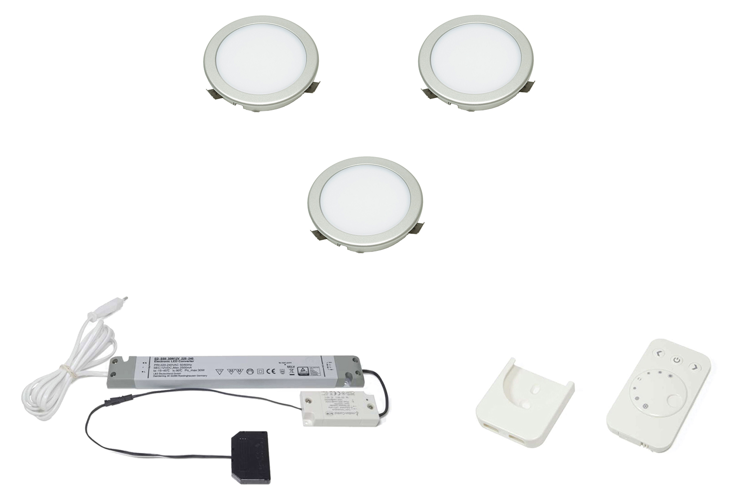 Led inbouw spot - moonlight emotion - set van 3 - 3000-6000k -  Ø68mm - rvs-look - 3,6w - 12v - incl. 30w trafo - afstandsbediening wit