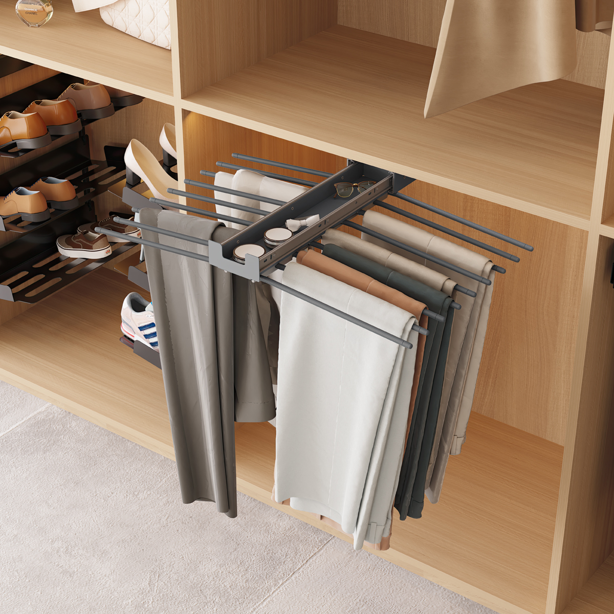 Uittrekbare broekenhouder voor 18 broeken - Chic line - zilvergrijs Uittrekbare broekenhouder voor 18 broeken - Chic line - zilvergrijs