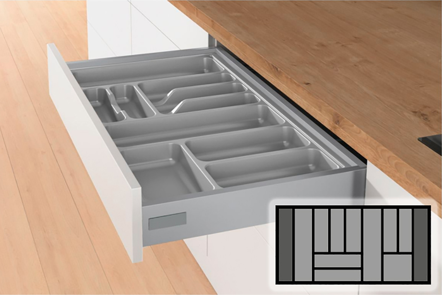 Zilvergrijze Hettich Orgatray bestekbak - 901-1000mm breed - 441-520mm diep