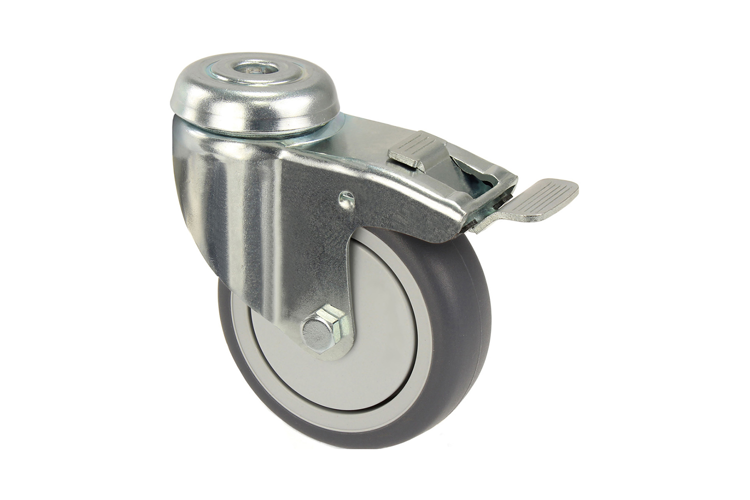 Verzinkte zwenkwielen met grijs rubber wiel - met rem - gatbevestiging