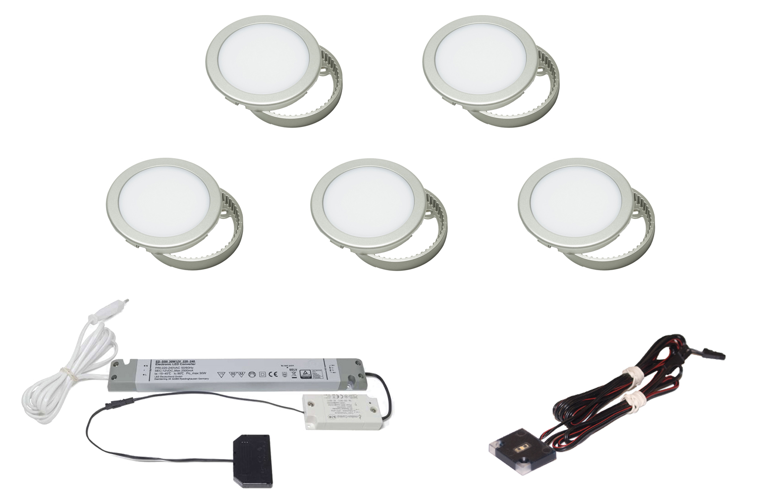 Led opbouw spot - moonlight emotion - set van 5 - 3000-6000k -  Ø68mm - rvs-look - 3,6w - 12v - incl. 30w trafo - touch opbouwdimmer