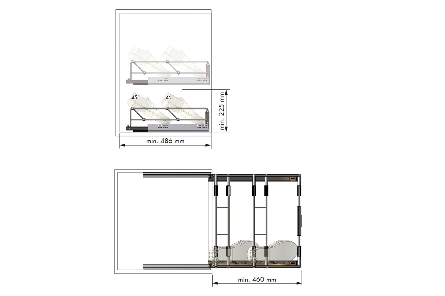 Compleet schoenenrek - met softclosing - montage: tweezijdig opschroefbaar - b:800-900mm - d:477mm