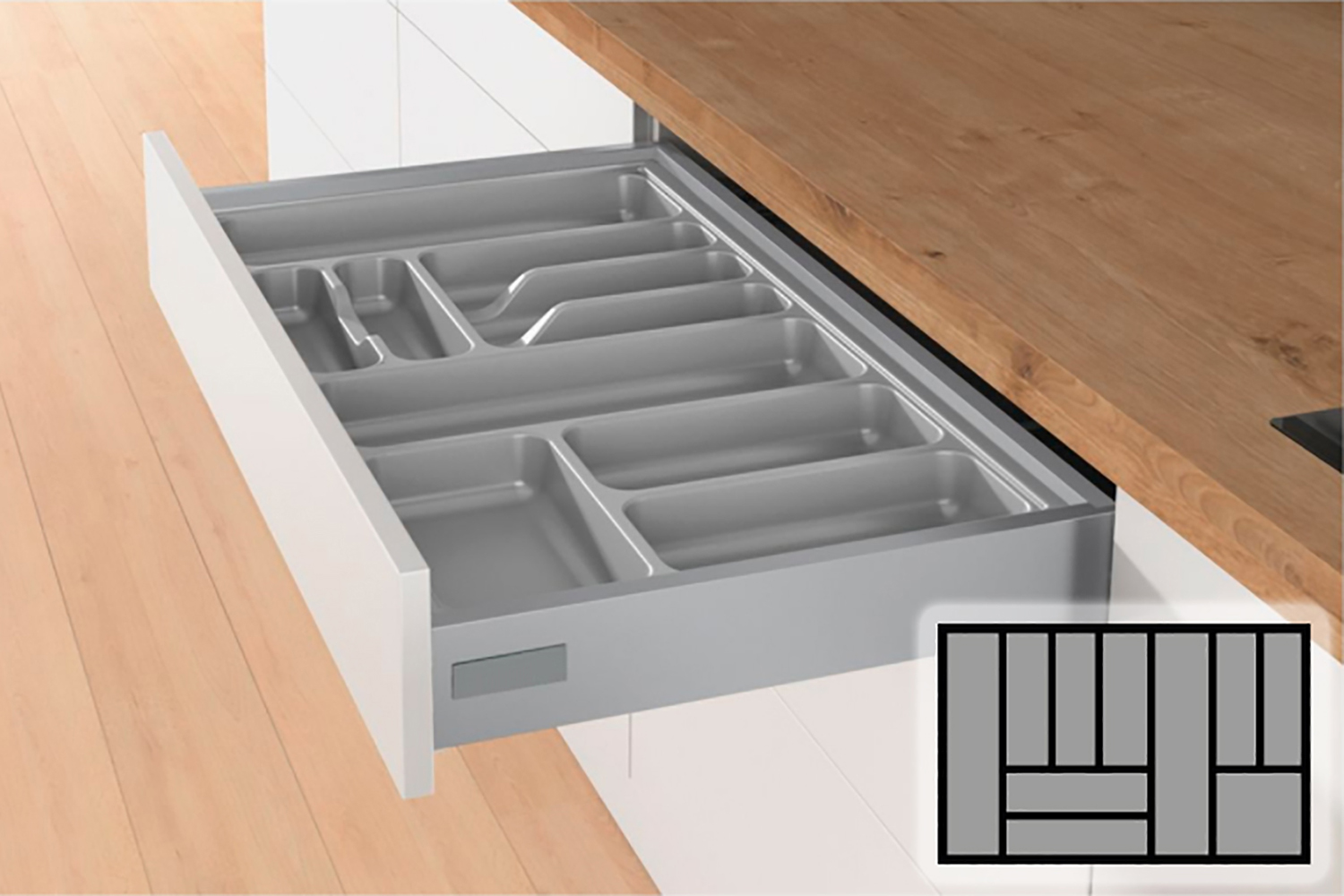 Zilvergrijze Hettich Orgatray bestekbak - 801-900mm breed - 441-520mm diep