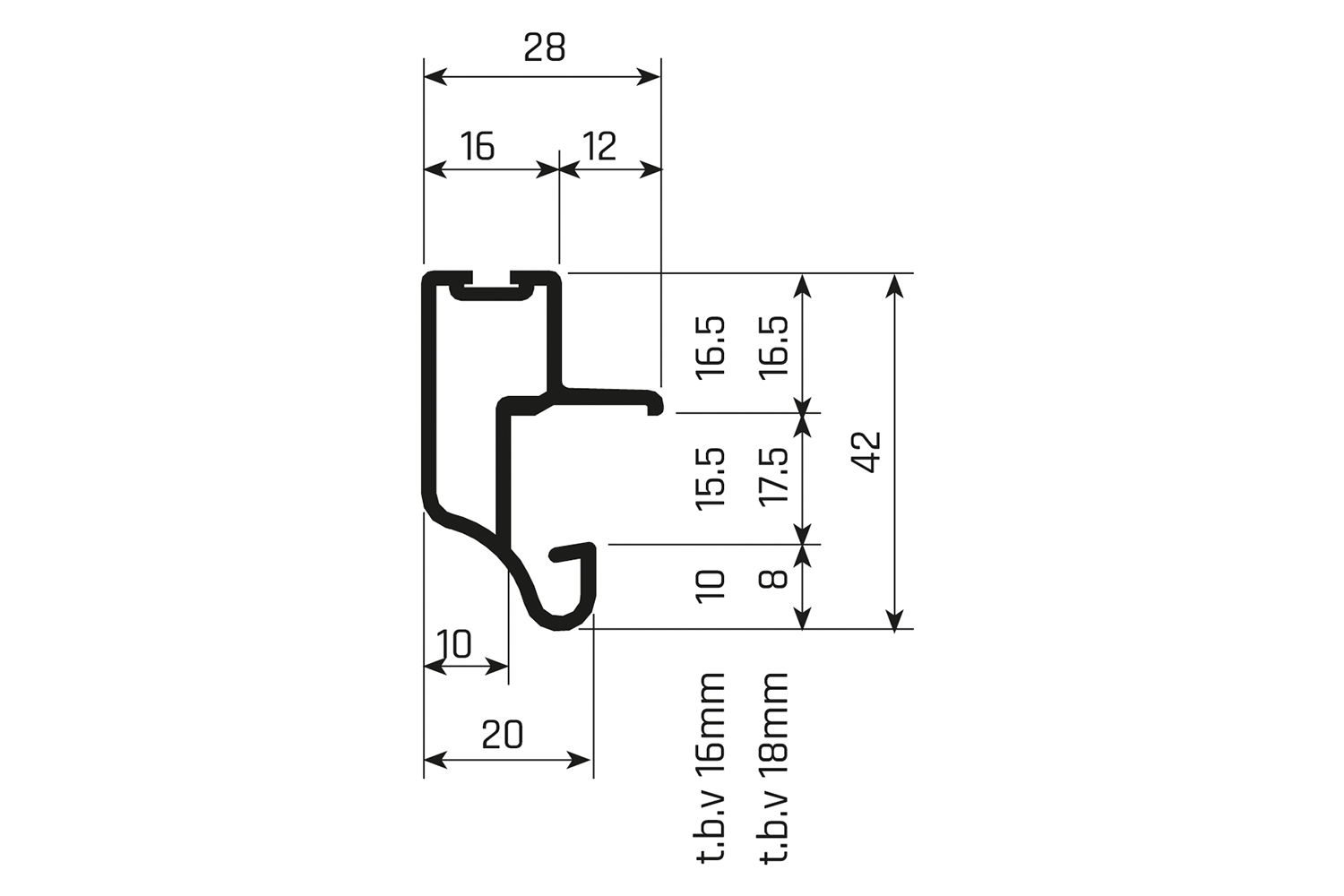 Greeplijst - voor Junior 2S - 5200mm - aluminium - wit - voor 16mm panelen - type a