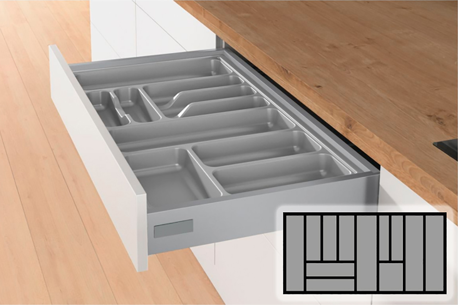 Zilvergrijze Hettich Orgatray bestekbak - 1091-1150mm breed - 441-520mm diep