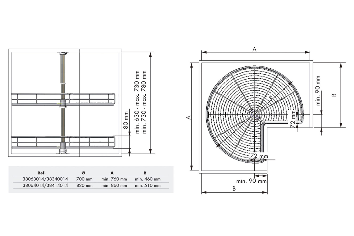 Draaicarrousel 3/4 rond met chromen draadmanden - Ø820mm - 730-820mm