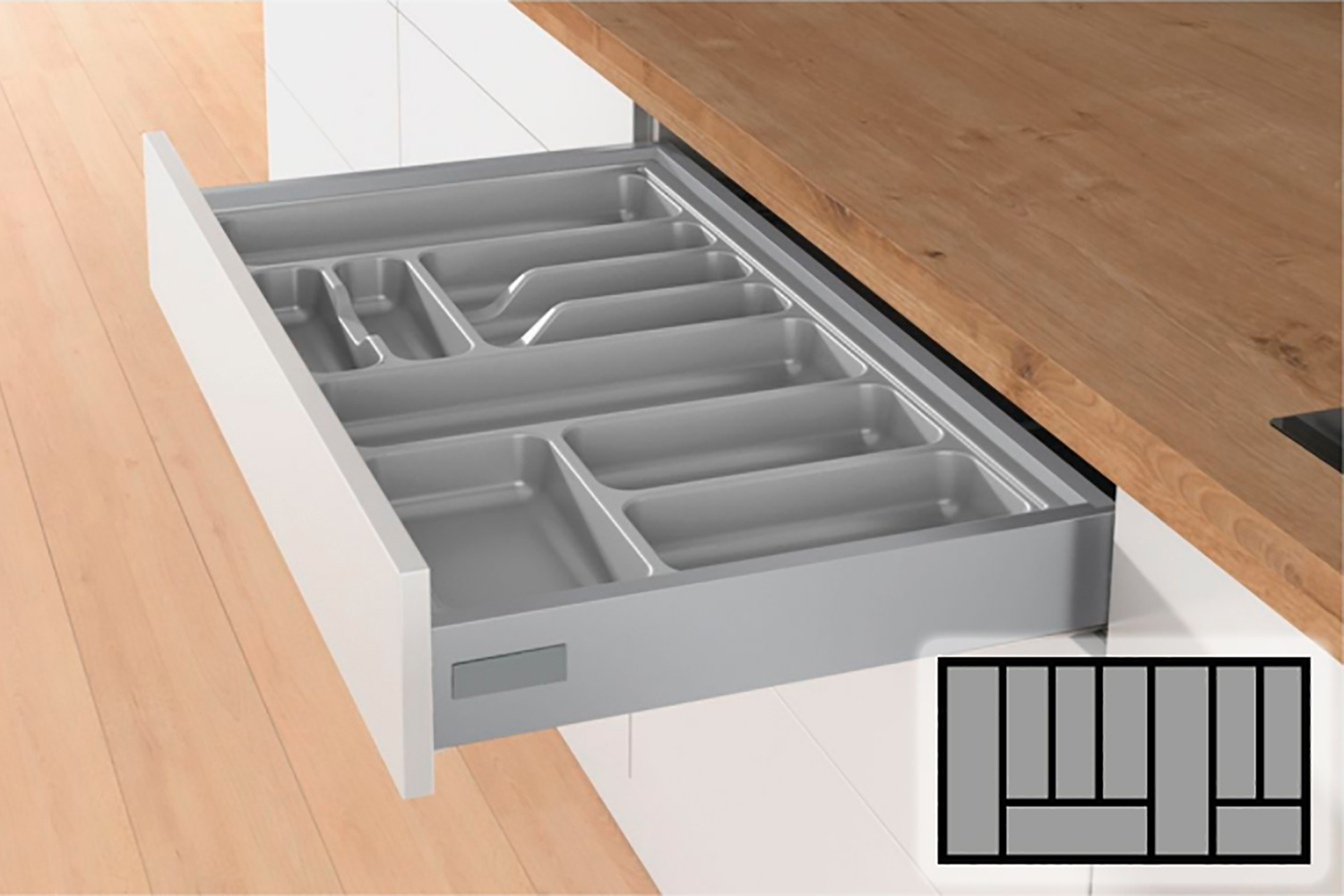 Zilvergrijze Hettich Orgatray bestekbak - 801-900mm breed - 370-440mm diep