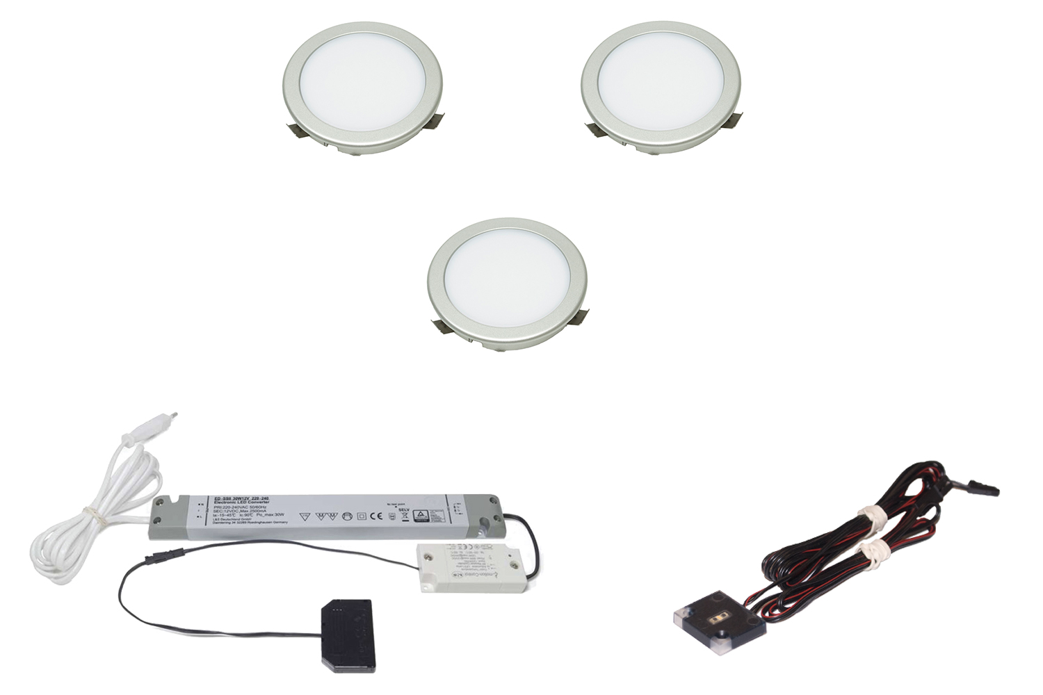 Led inbouw spot - moonlight emotion - set van 3 - 3000-6000k -  Ø68mm - rvs-look - 3,6w - 12v - incl. 30w trafo - touch opbouwdimmer