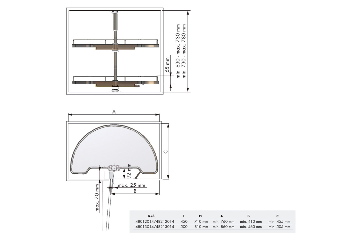 1/2 rond zwenkplateau - 450mm - melamine/chroom