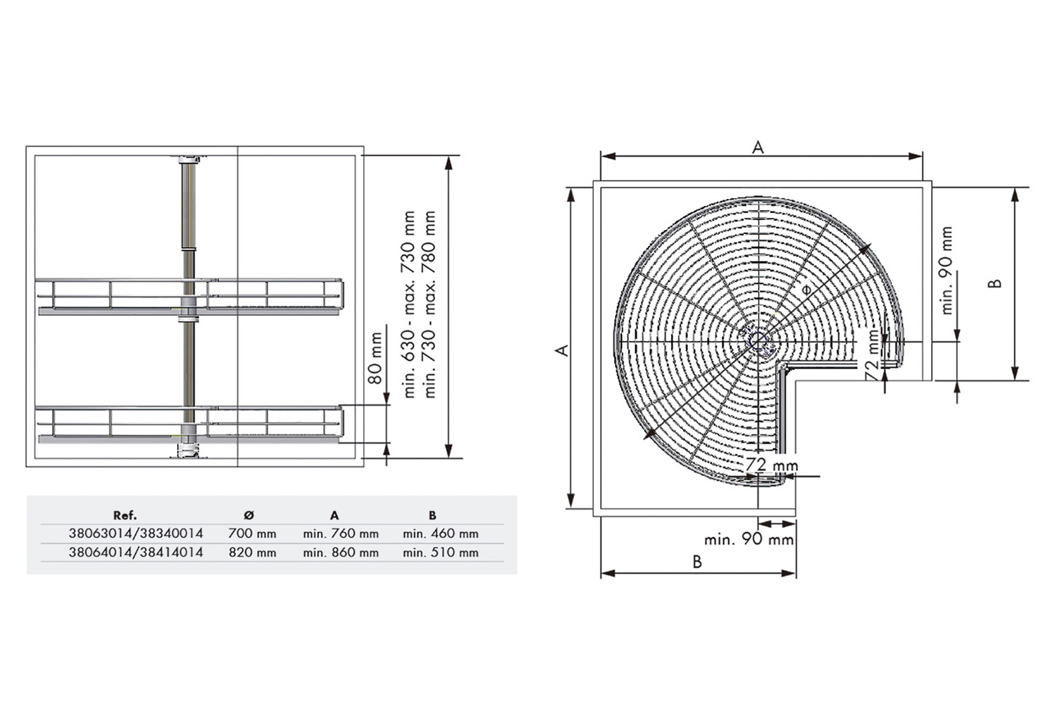 Draaicarrousel 3/4 rond met chromen draadmanden - Ø820mm