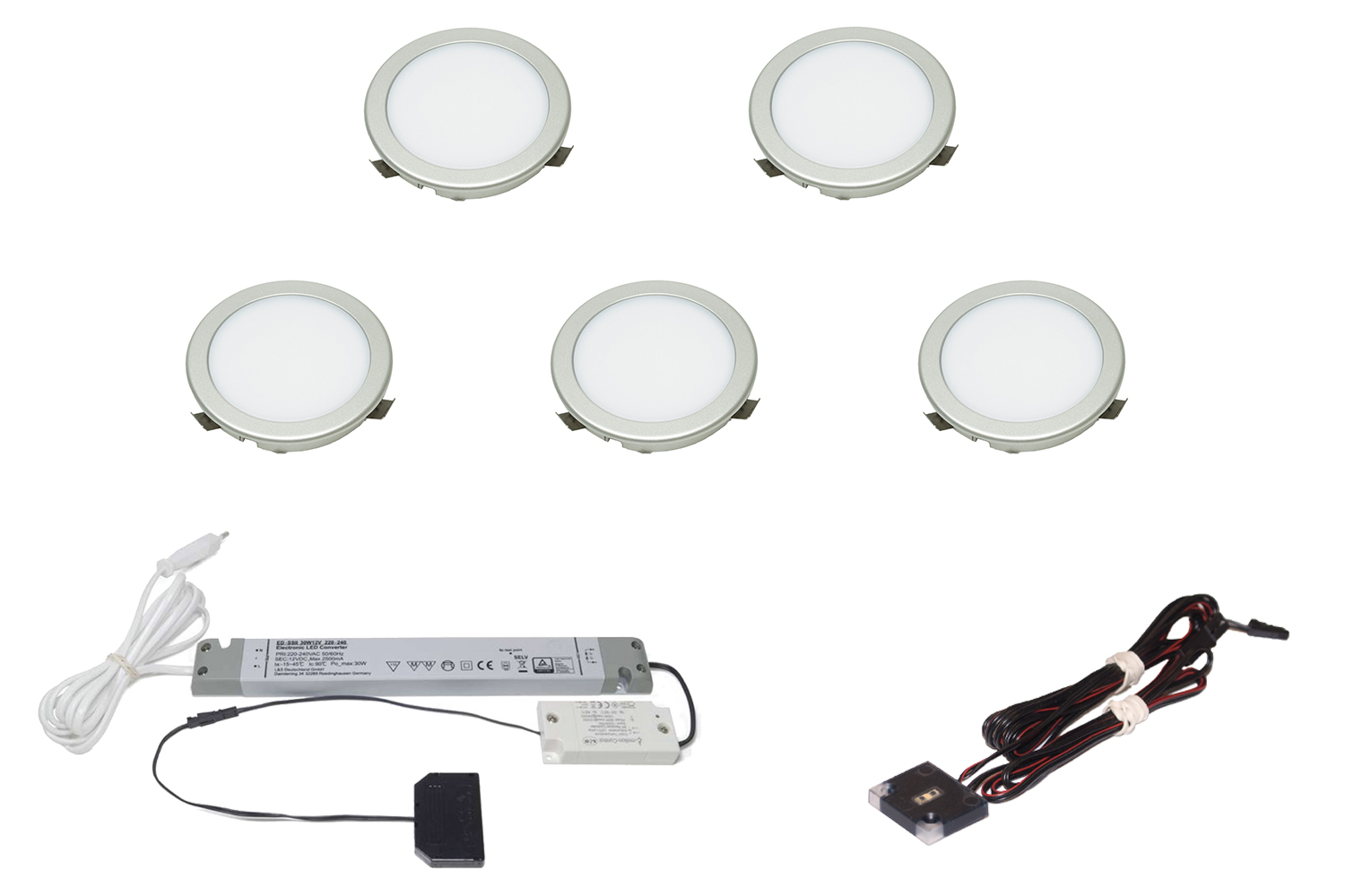 Led inbouw spot - moonlight emotion - set van 5 - 3000-6000k -  Ø68mm - rvs-look - 3,6w - 12v - incl. 30w trafo - touch opbouwdimmer