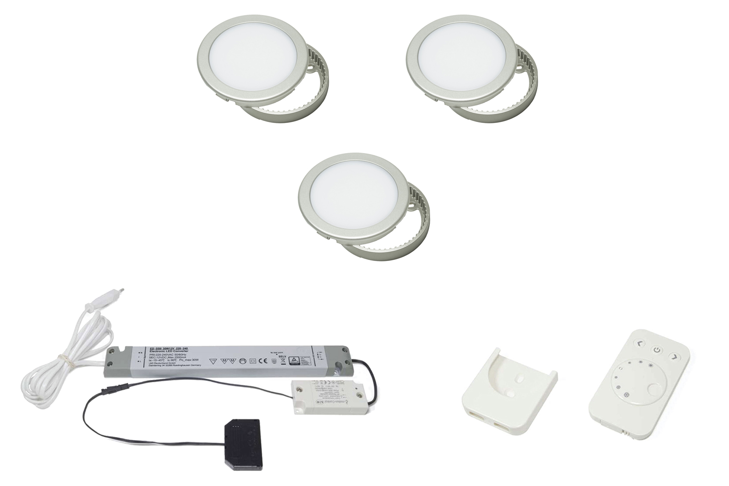 Led opbouw spot - moonlight emotion - set van 3 - 3000-6000k -  Ø68mm - rvs-look - 3,6w - 12v - incl. 30w trafo - afstandsbediening wit
