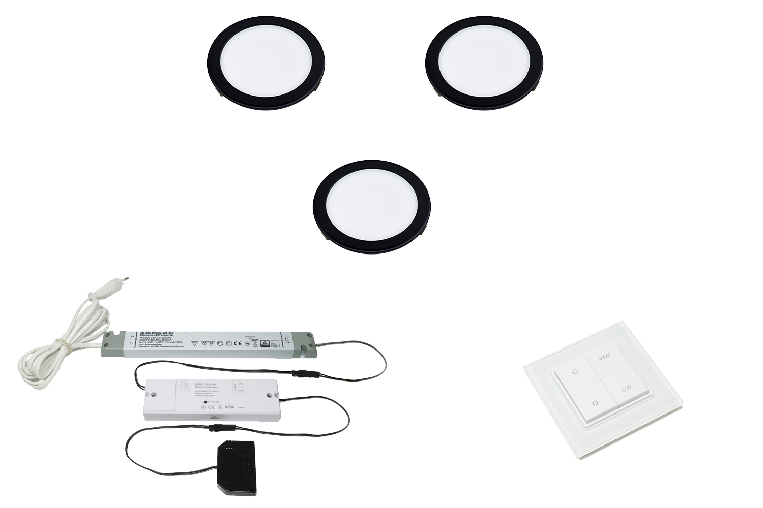 Led inbouw spot - moonlight emotion - set van 3 - 3000-6000k -  Ø68mm - mat zwart - 3,6w - 12v - incl. 30w trafo - wandschakelaar