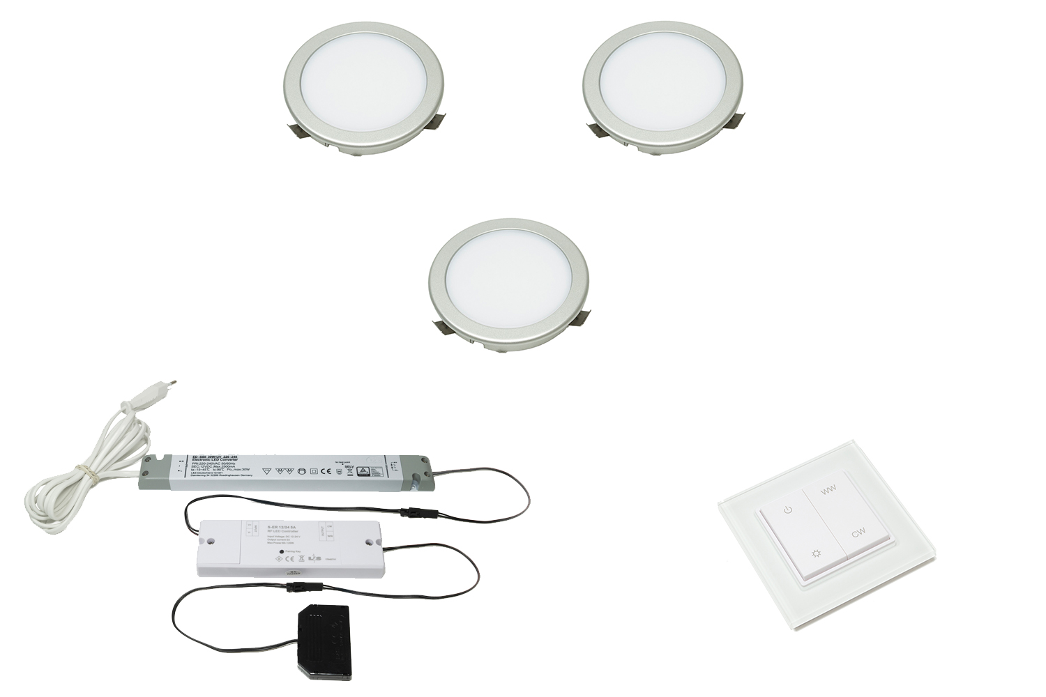 Led inbouw spot - moonlight emotion - set van 3 - 3000-6000k -  Ø68mm - rvs-look - 3,6w - 12v - incl. 30w trafo - wandschakelaar