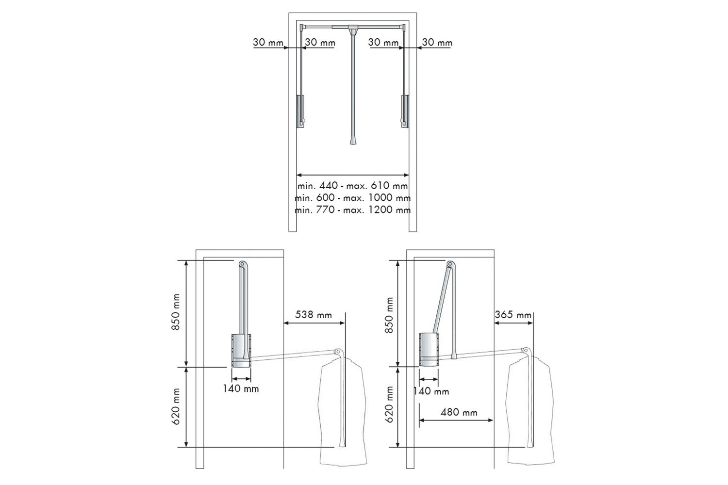 Kledinglift - zilvergrijs - 750-1150mm